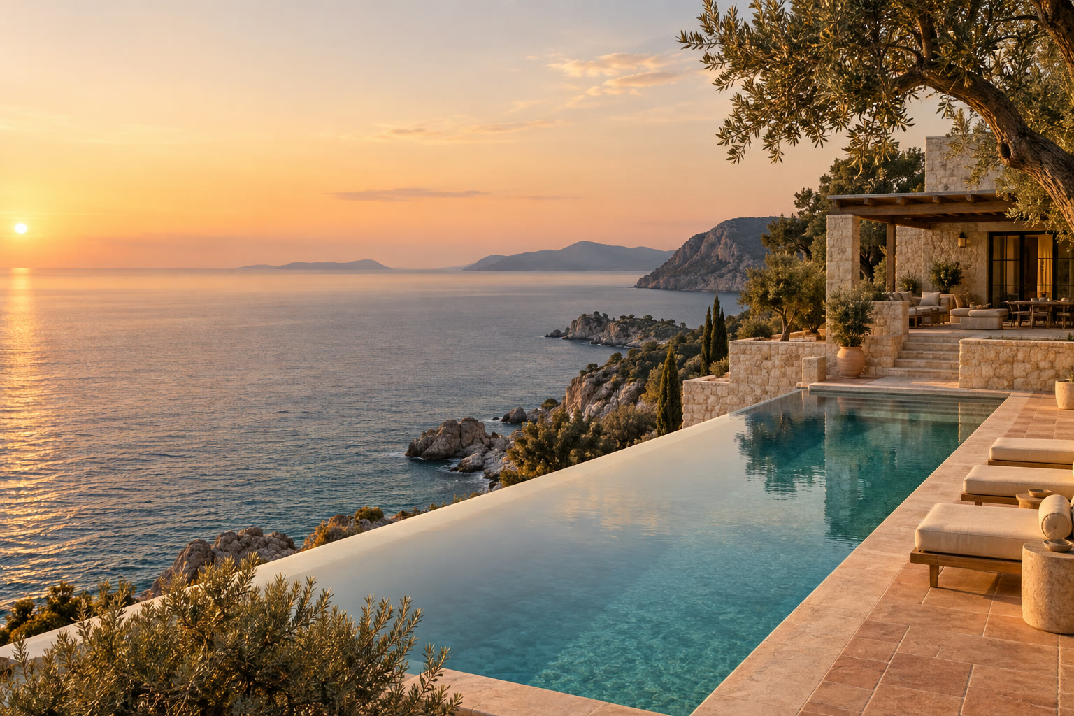 Generated concept of a limestone coastal residence with a pool and sea views.